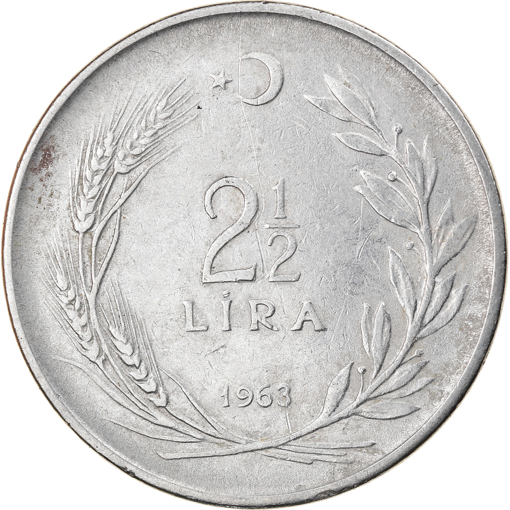 Moneda, Turquía, 2-1/2 Lira, 1963, MBC, Acero inoxidable, KM:893.1