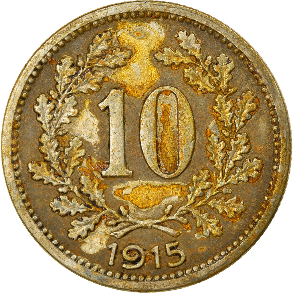 Moneda, Austria, Franz Joseph I, 10 Heller, 1915, BC+, Cobre - níquel - cinc