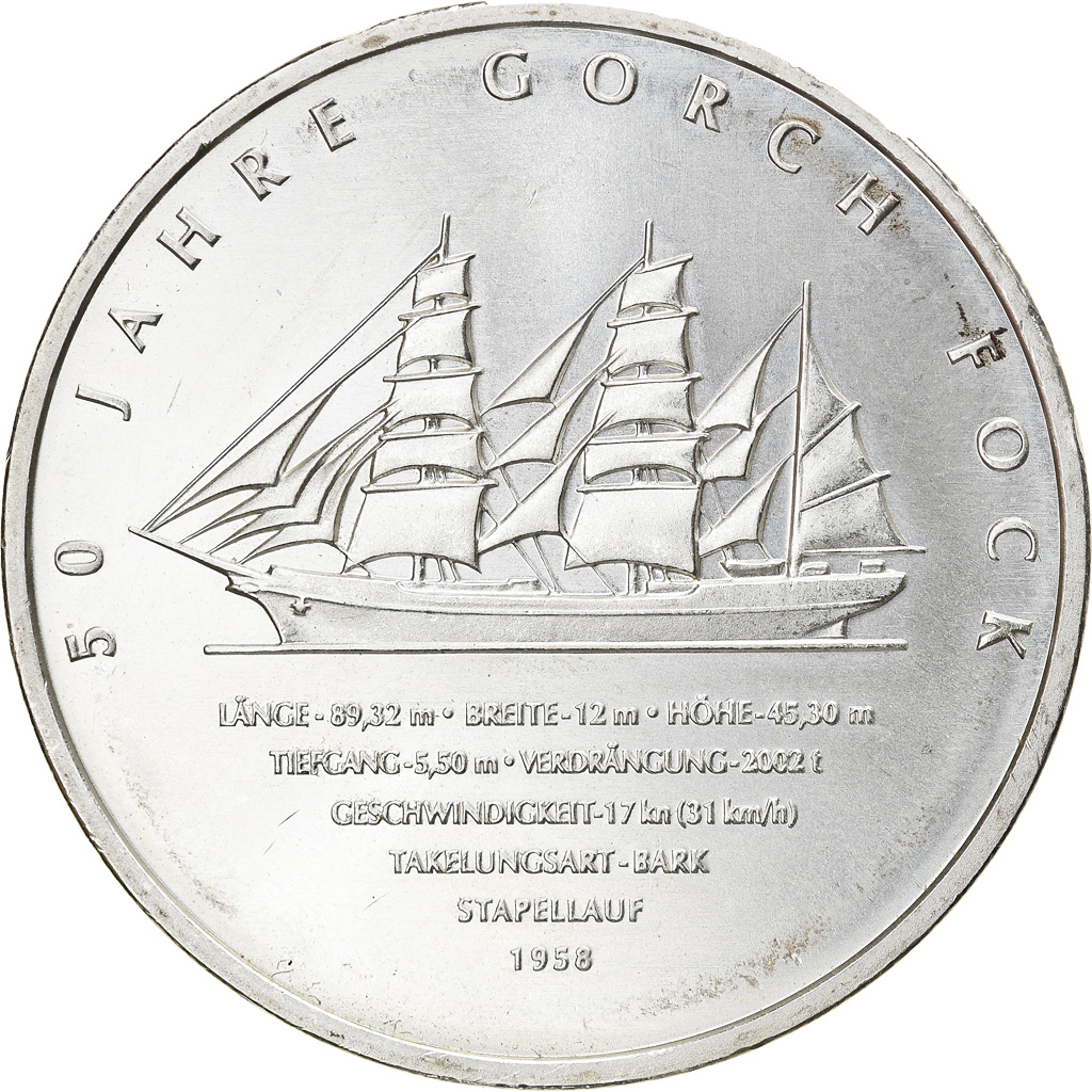 GERMANY - FEDERAL REPUBLIC, 10 Euro, Gorch Fock, 2008, Hambourg, 