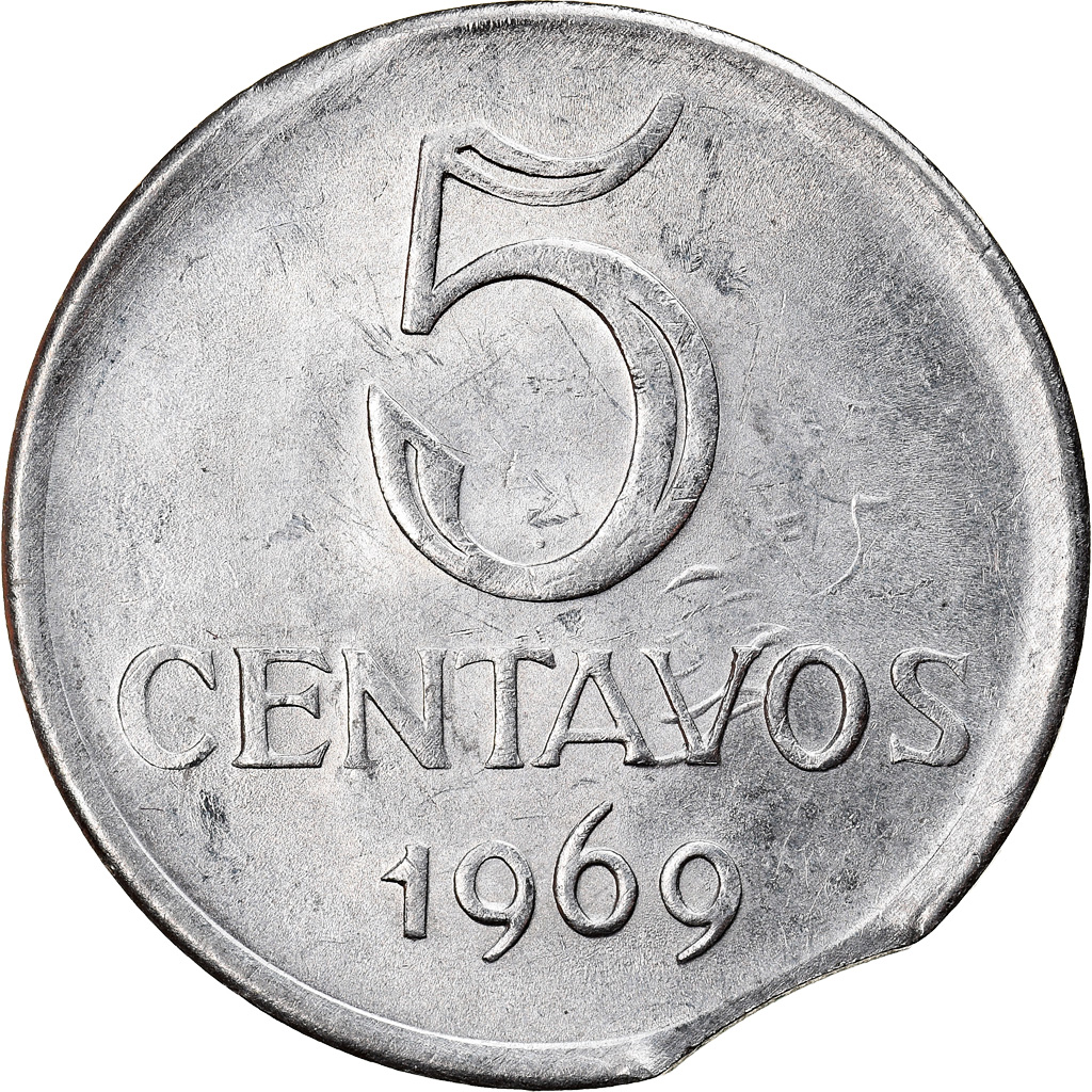 Coin, Brazil, 5 Centavos, 1969, error clipped planchet, , Stainless