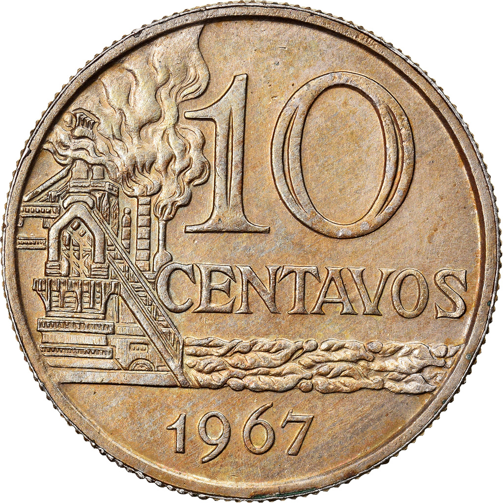 Coin, Brazil, 10 Centavos, 1967, error full uniface strike, 