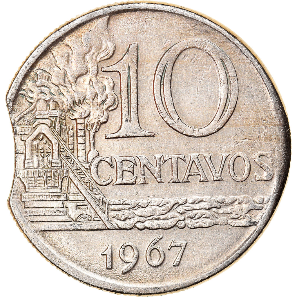 Coin, Brazil, 10 Centavos, 1967, error clipped planchet, 