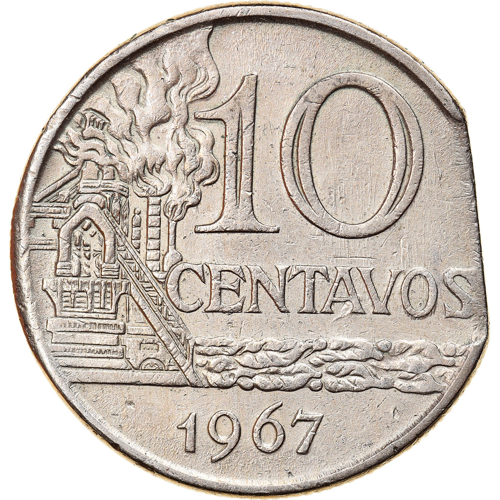 Coin, Brazil, 10 Centavos, 1967, Error straight clip, , Copper-nickel