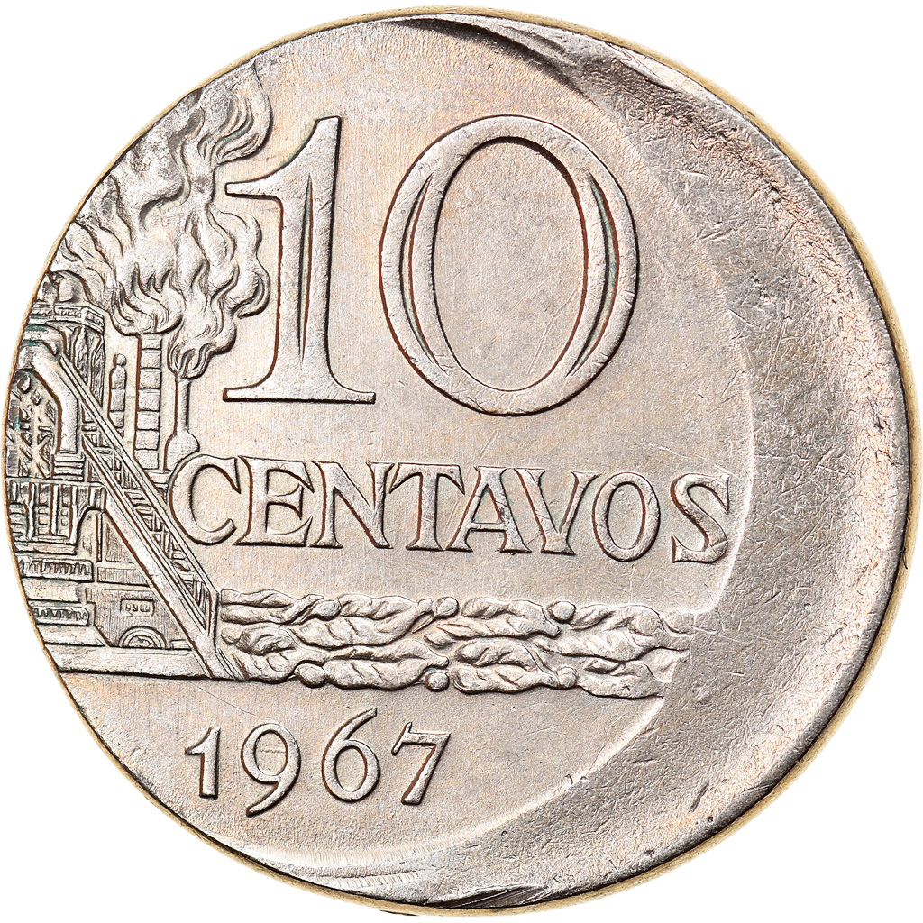Coin, Brazil, 10 Centavos, 1967, error off center strike, 