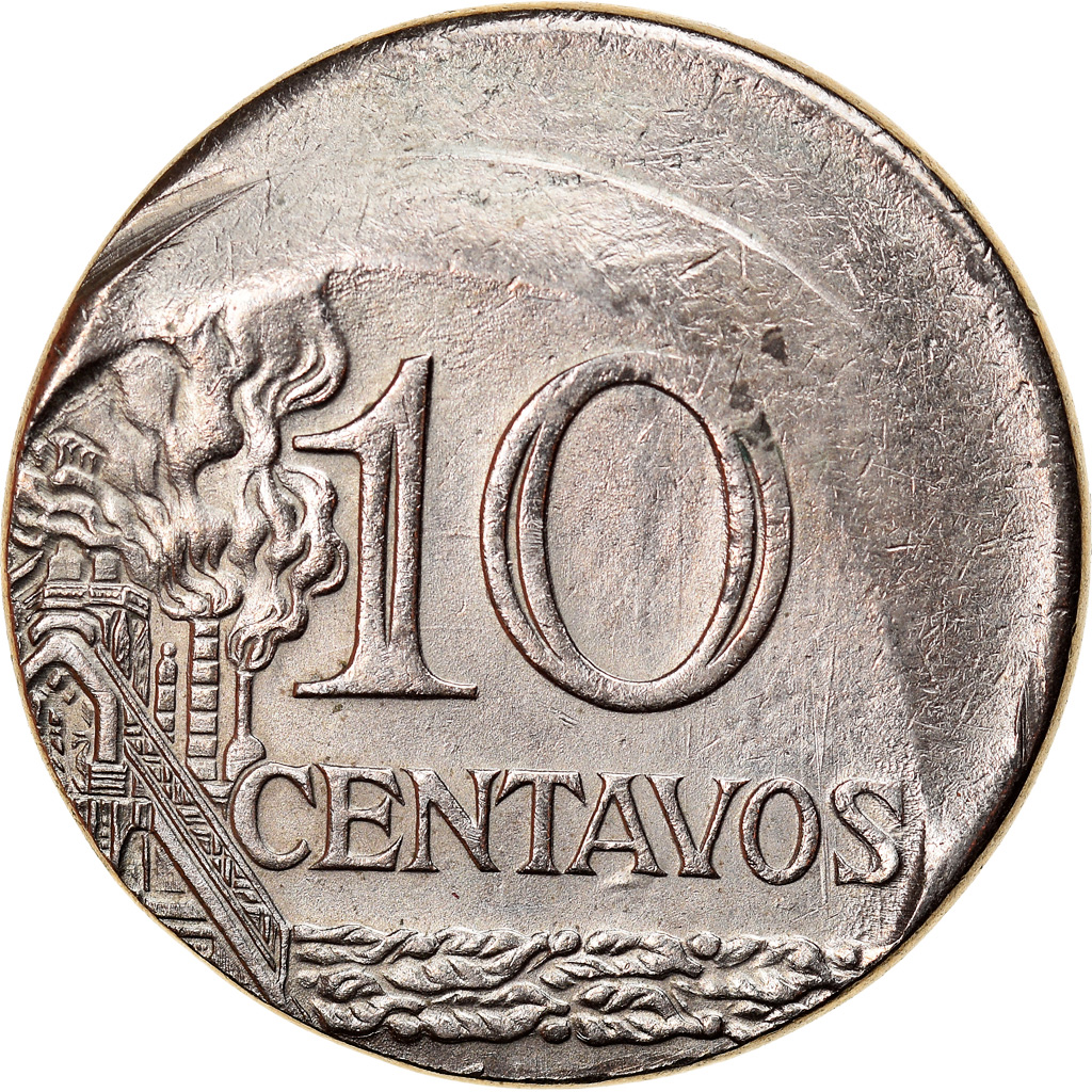 Coin, Brazil, 10 Centavos, cupped off center strike error, 