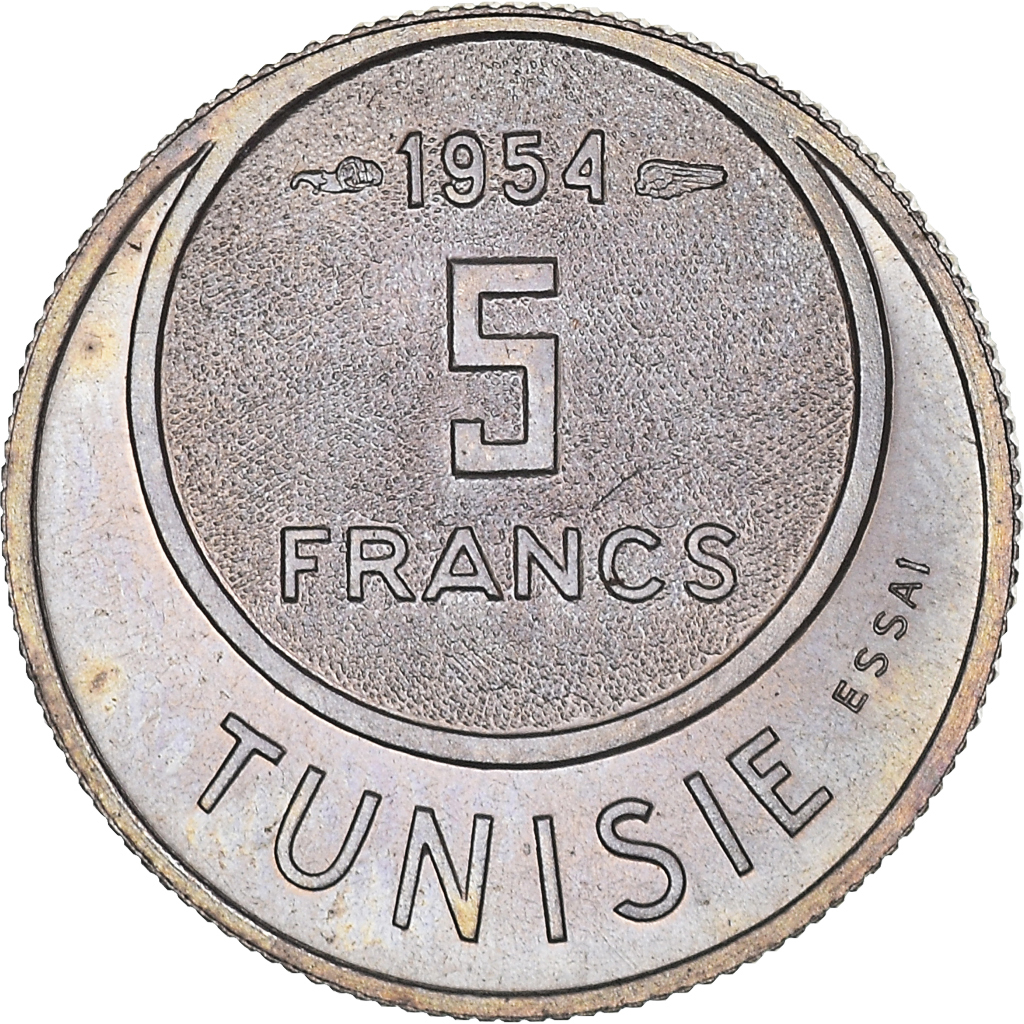 Coin, Tunisia, Muhammad al-Amin Bey, 5 Francs, 1954, Paris, ESSAI, MS(65-70)