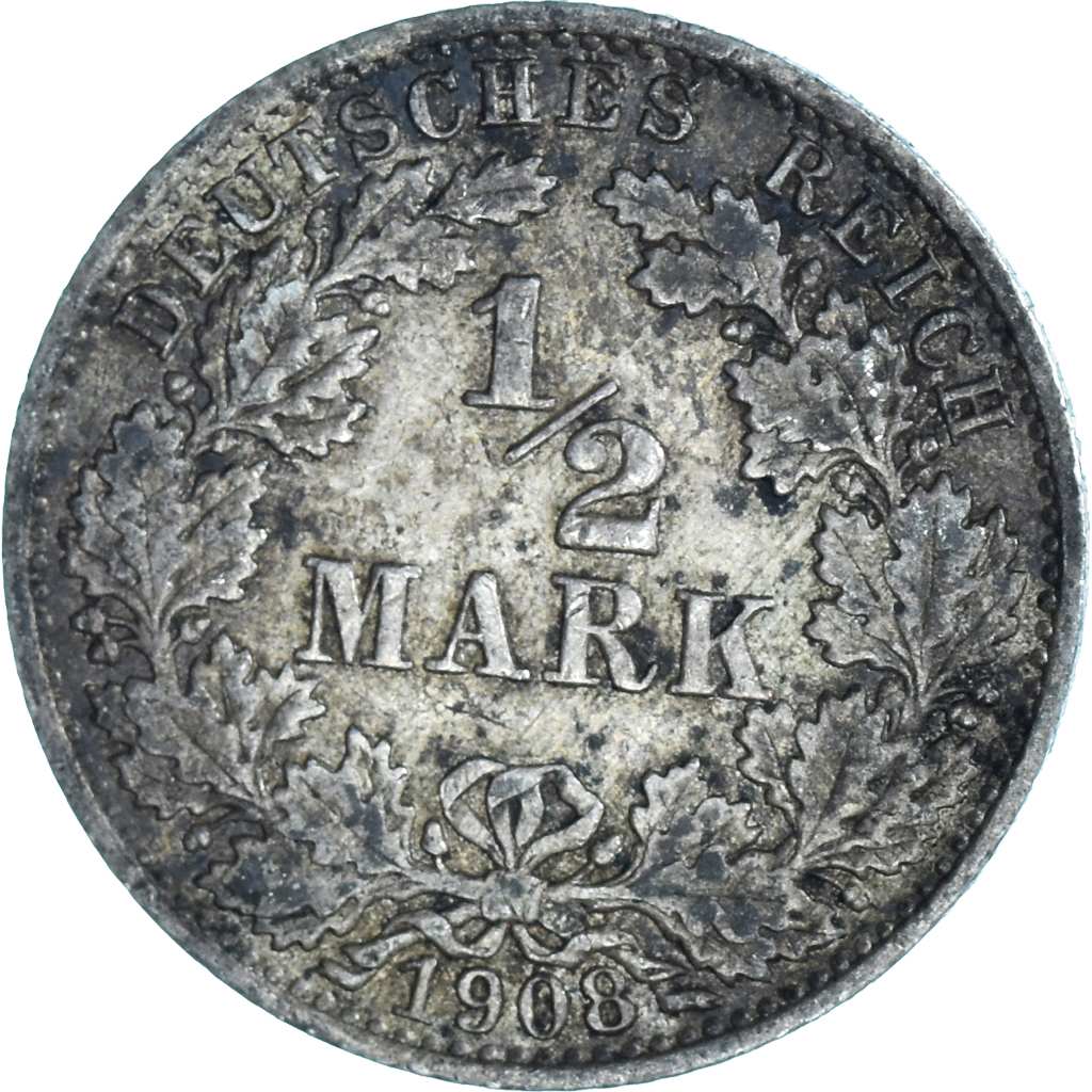 Coin, GERMANY - EMPIRE, 1/2 Mark, 1908, Berlin, , Silver, KM:17