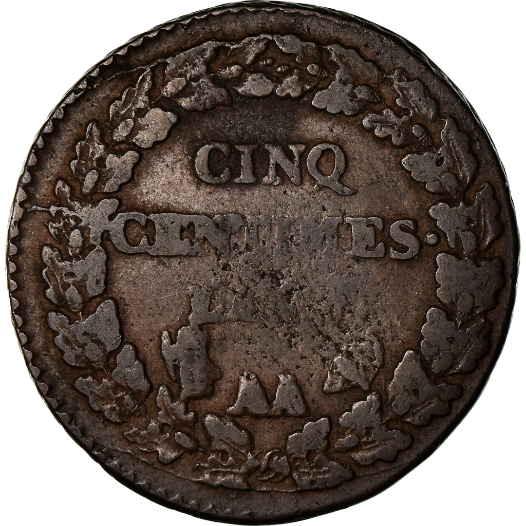 Coin, France, Dupré, 5 Centimes, AN 8, Metz, error partial collar strike