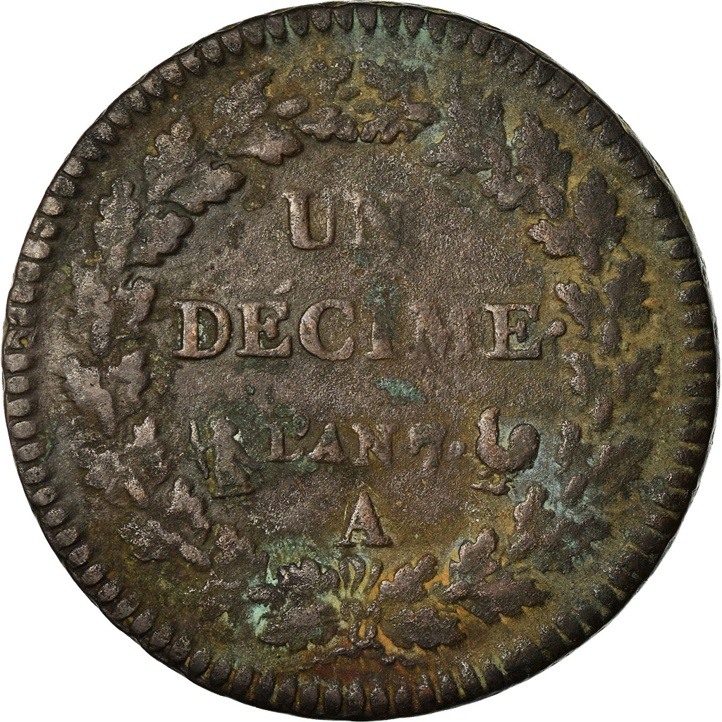 Coin, France, Dupré, Decime, AN 7, Paris, rooster / cornucopia, 
