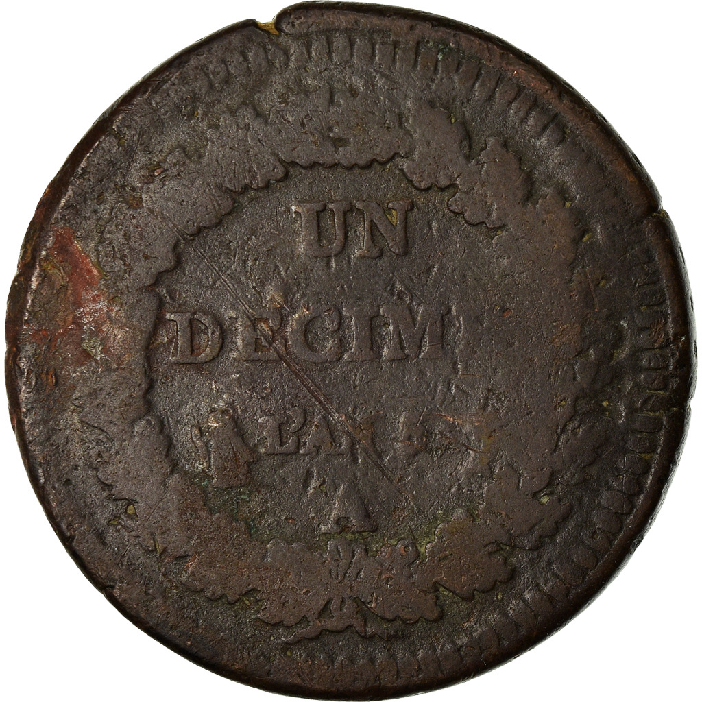 Coin, France, Dupré, Decime, AN 5, Paris, Refrappage du 2 décimes, 