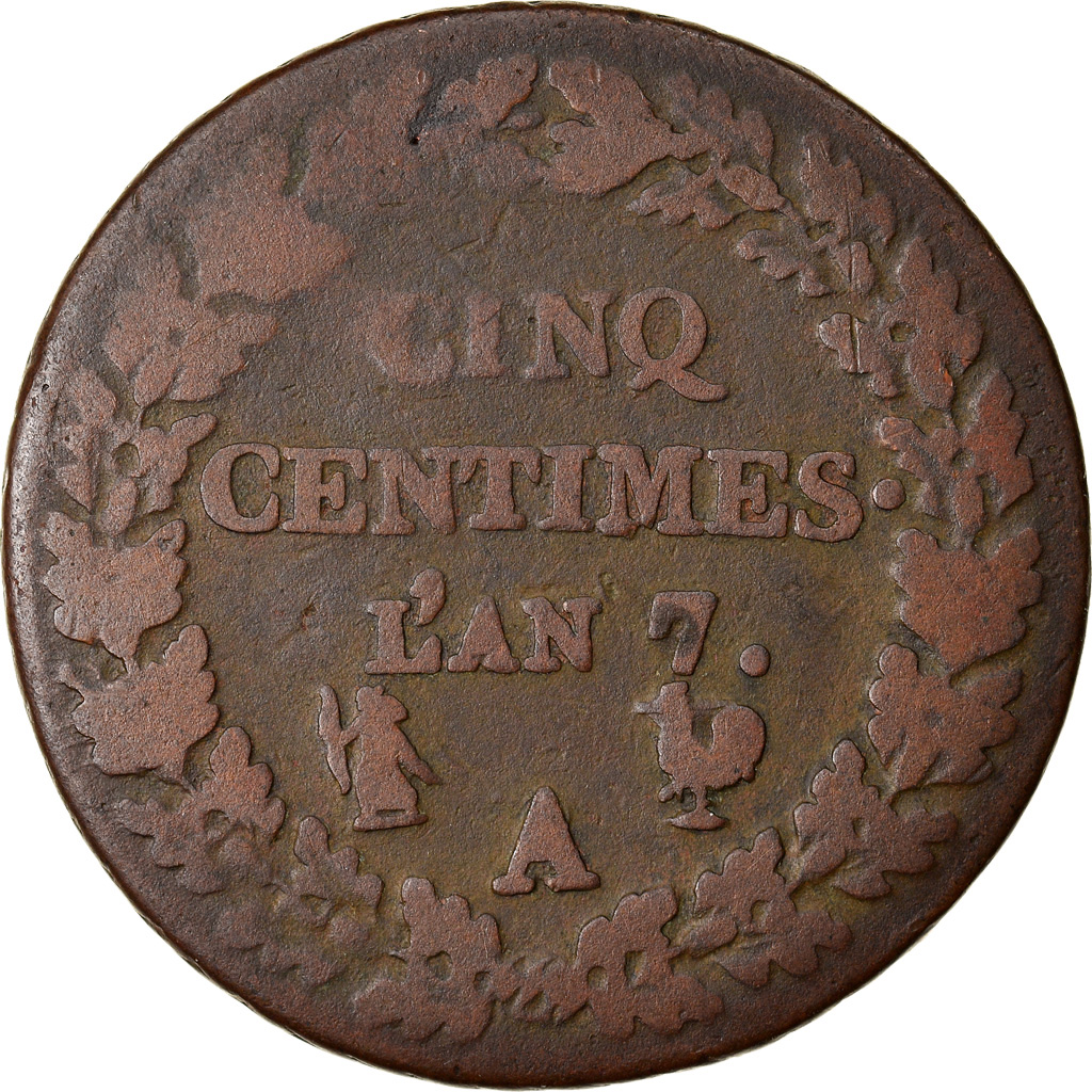 Coin, France, Dupré, 5 Centimes, AN 7, Paris (A/B), rooster / vase, 