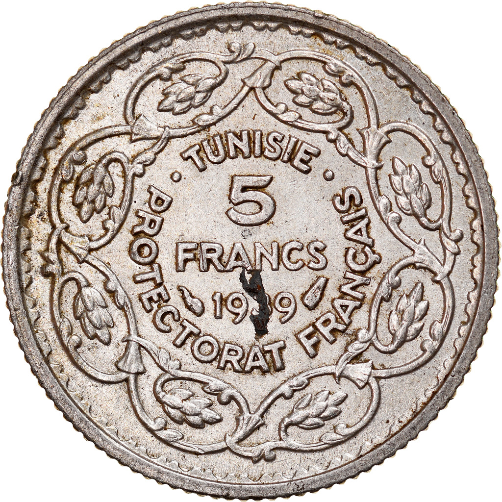 Coin, Tunisia, Ahmad Pasha Bey, 5 Francs, 1939, Paris, , Silver, KM:264