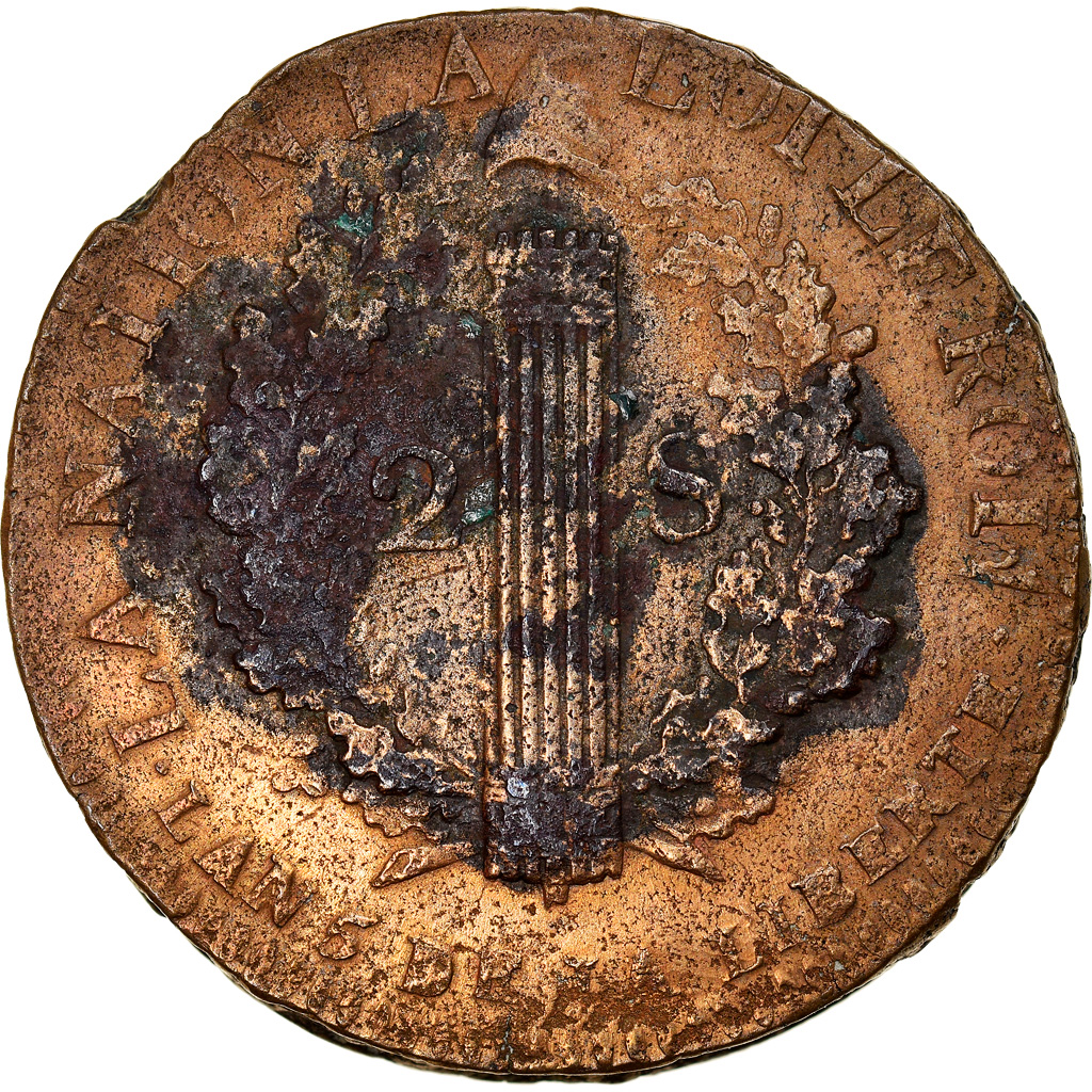 Coin, France, 2 sols françois, 2 Sols, 1793, Lille, EF, Bronze
