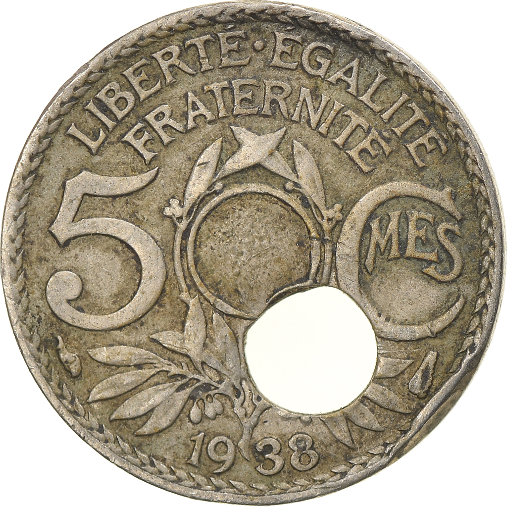 Coin, France, Lindauer, 5 Centimes, 1938, Paris, Trou Décentré, 