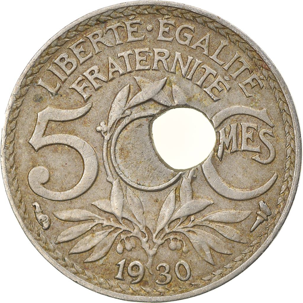 Coin, France, Lindauer, 5 Centimes, 1930, Paris, Trou Décentré, 