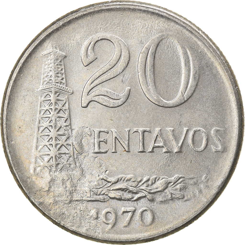 Coin, Brazil, 20 Centavos, 1970, error struck thru, , Copper-nickel