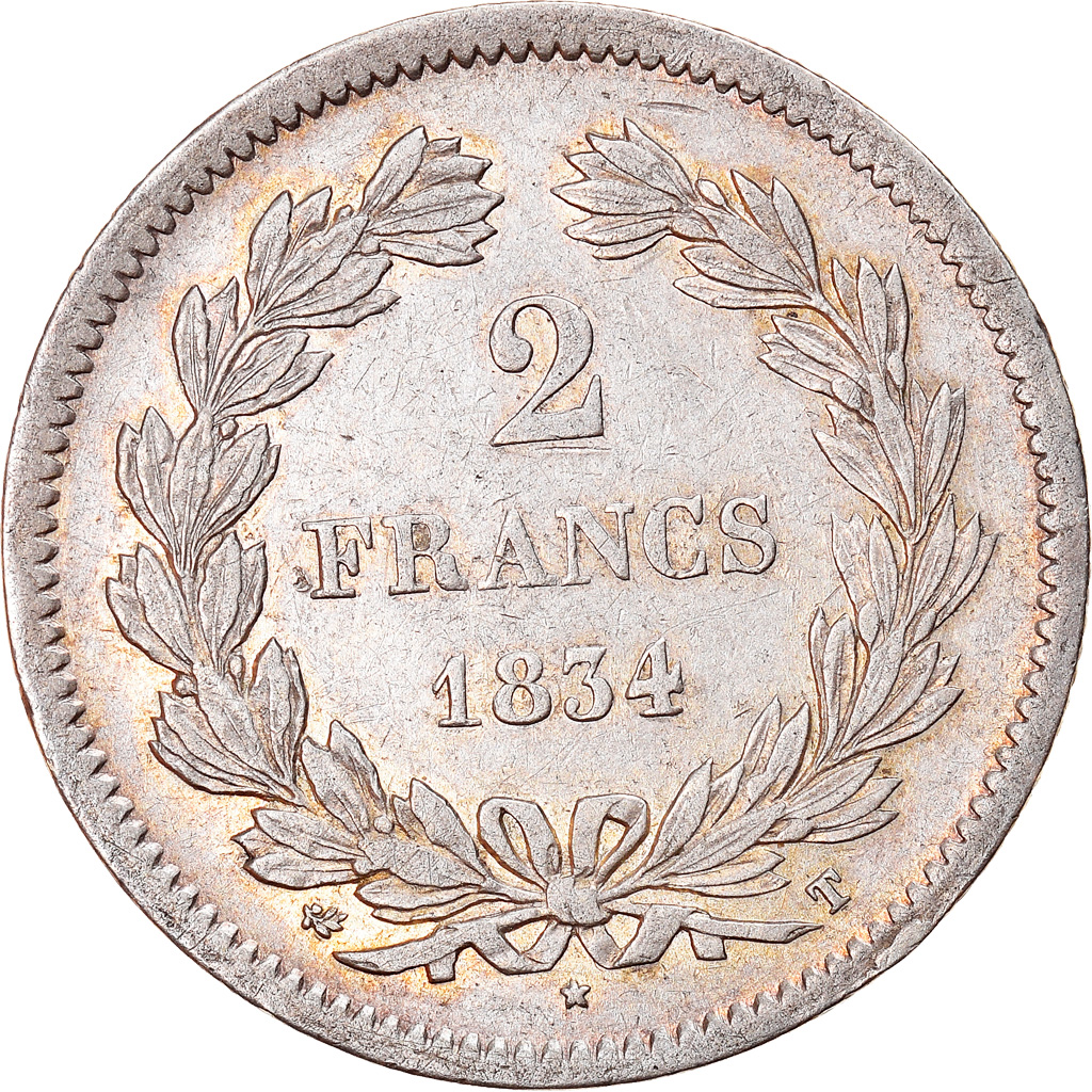 Coin, France, Louis-Philippe, 2 Francs, 1834, Nantes, EF, Silver