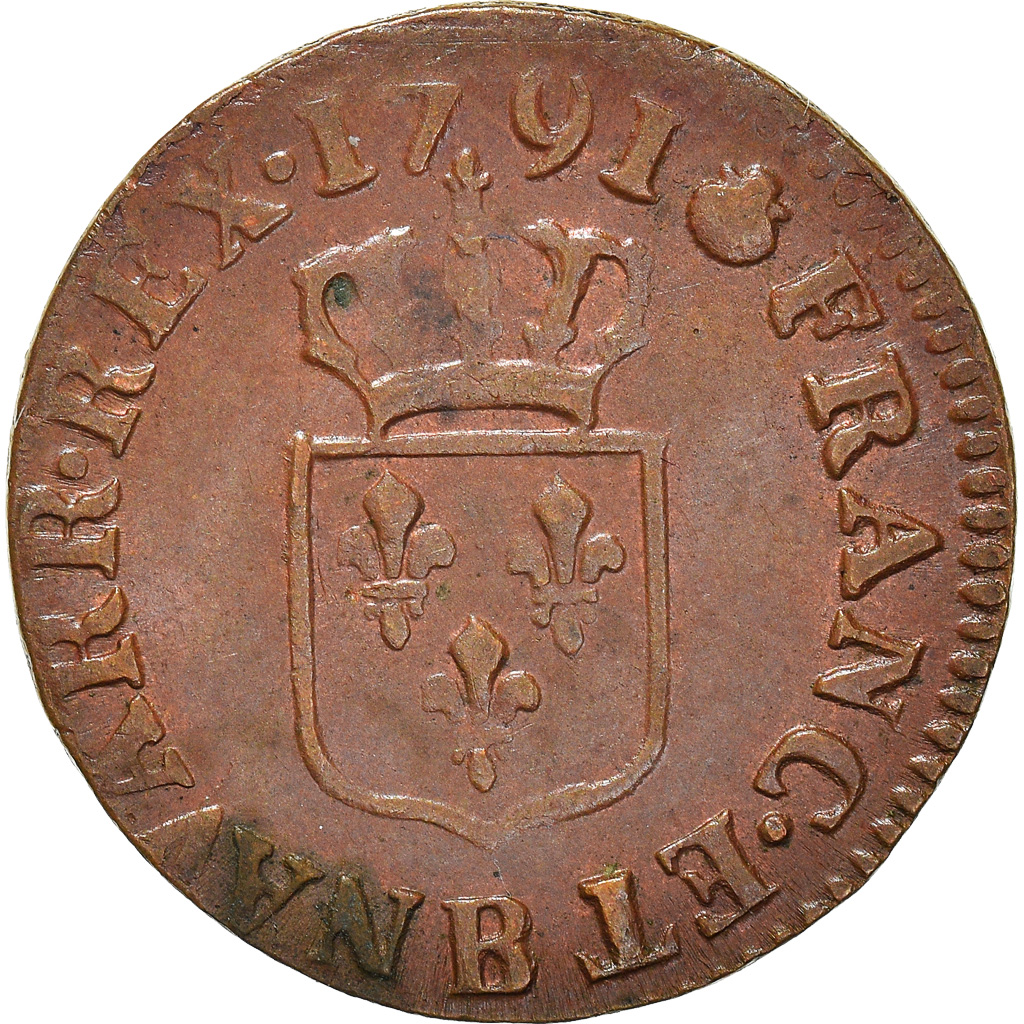 Coin, France, Louis XVI, Liard, Liard, 1791, Rouen, Incuse strike, 