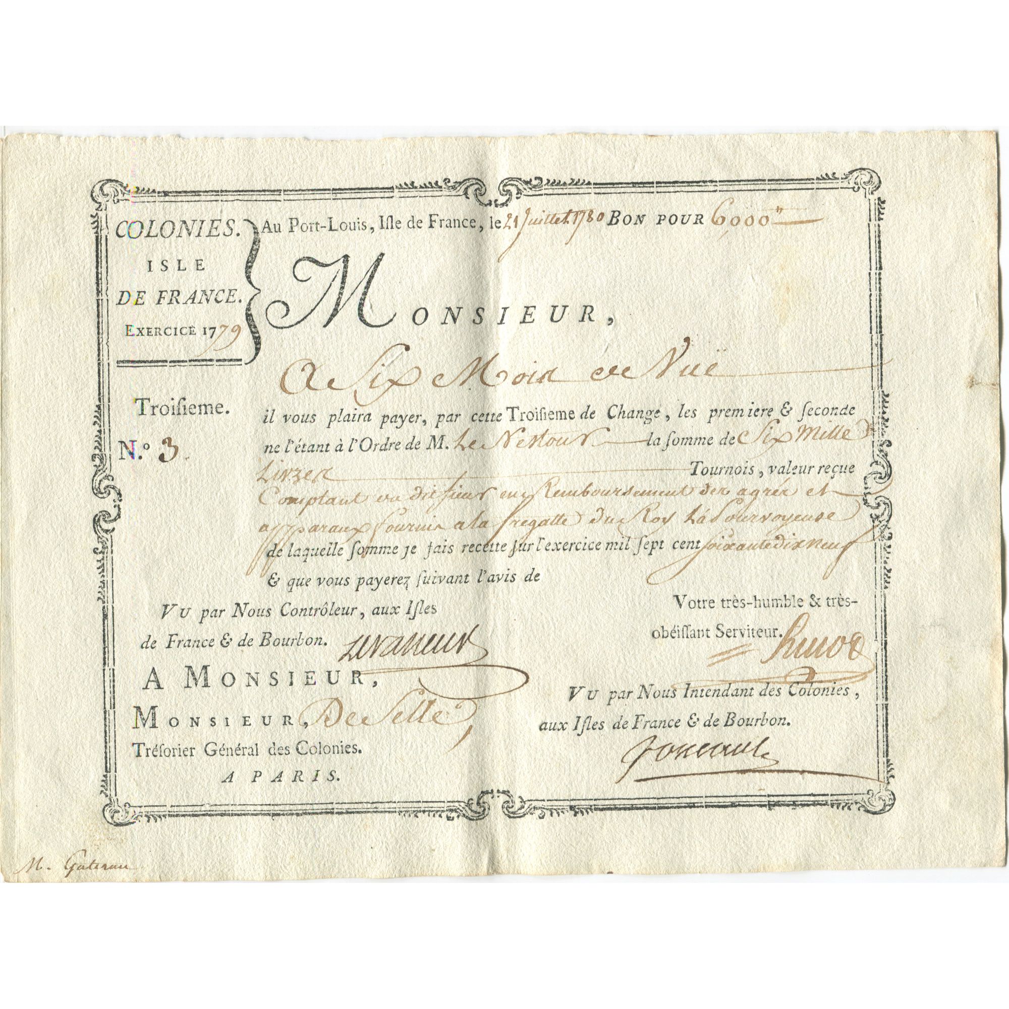 France, Traite, Colonies, Isle de France, 6000 Livres, La Pourvoyeuse, 1780