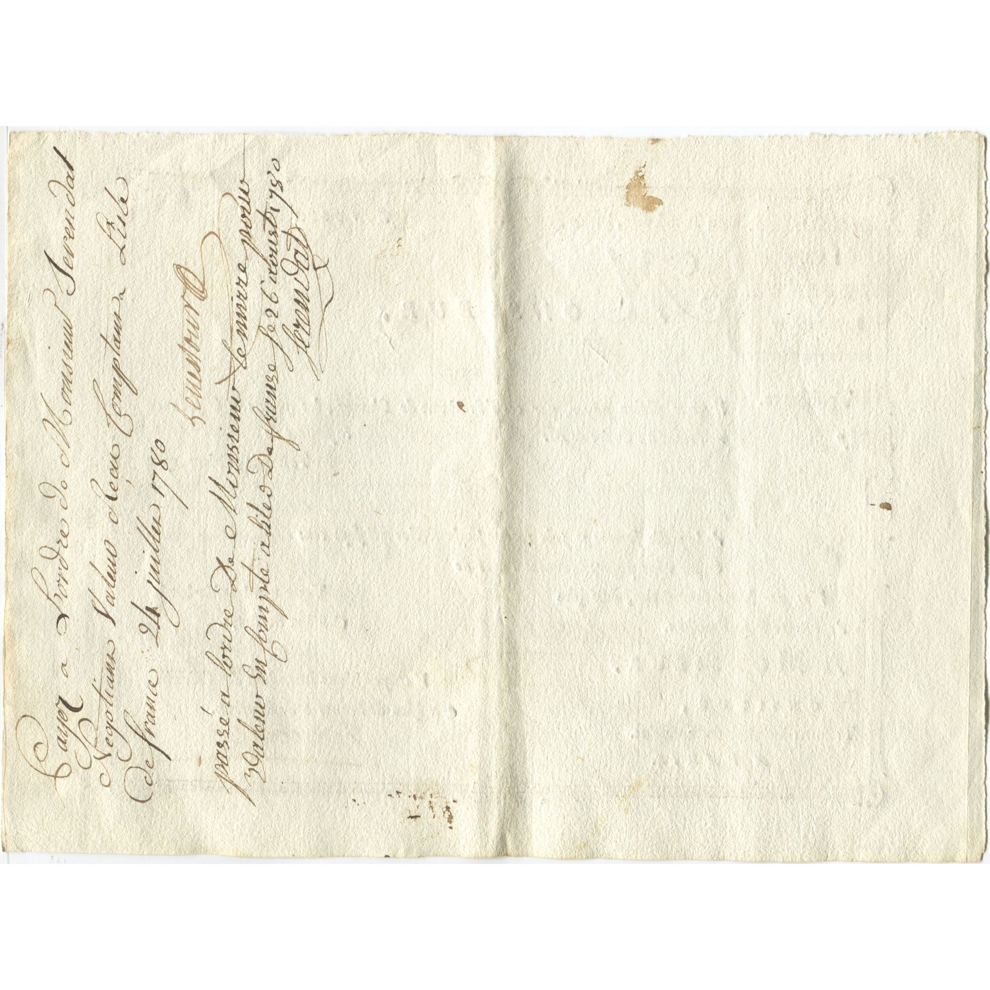 France, Traite, Colonies, Isle de France, 6000 Livres, La Pourvoyeuse, 1780