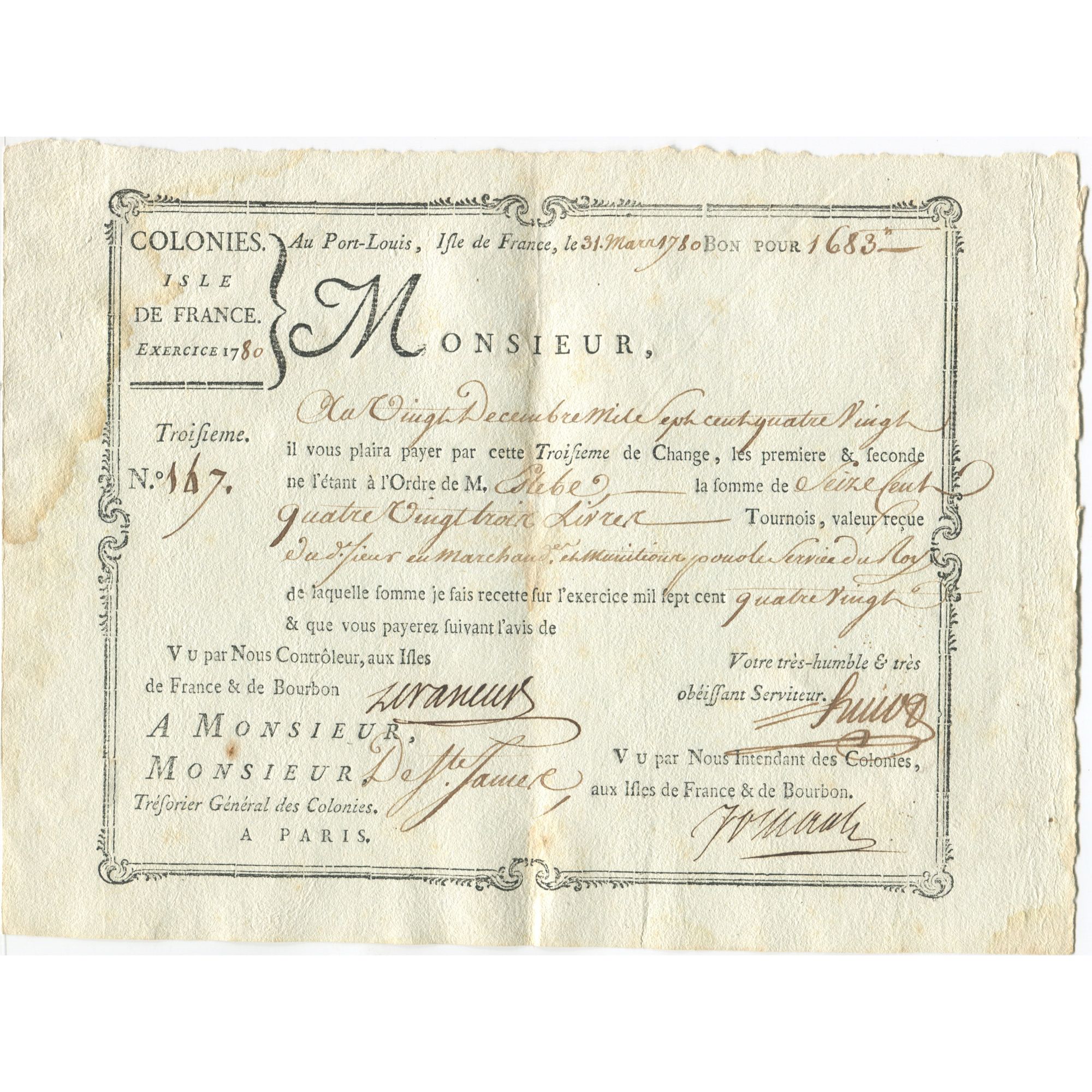 France, Traite, Colonies, Isle de France, 1683 Livres, 1780, EF(40-45)