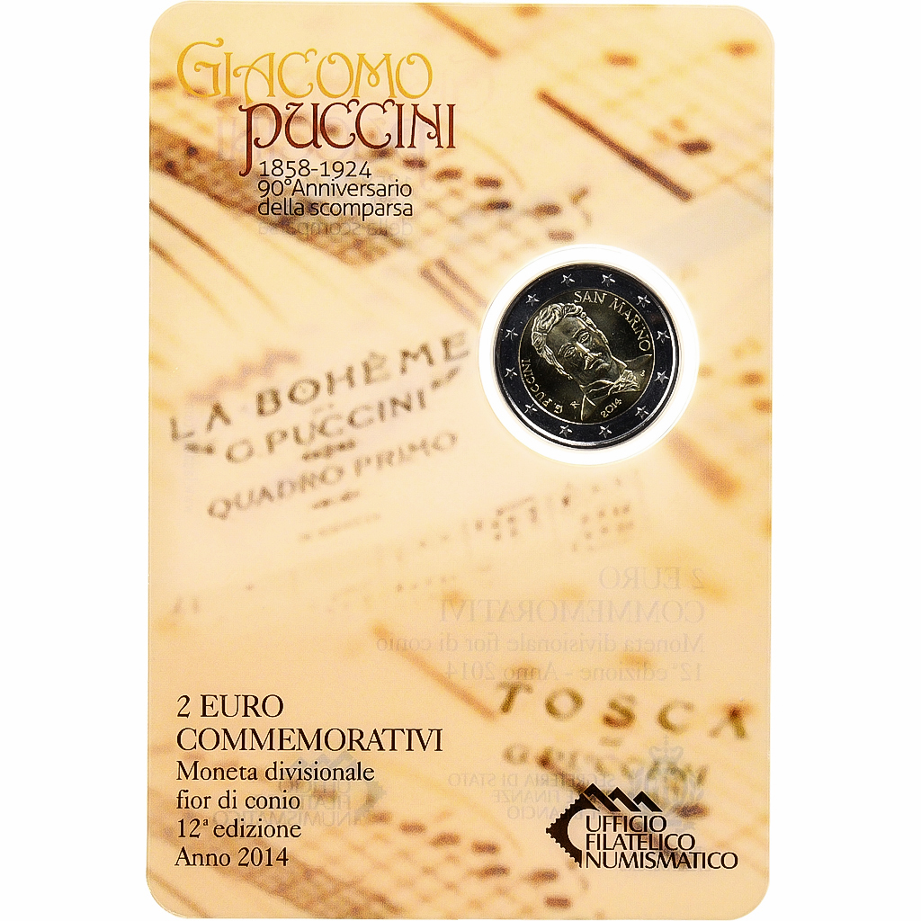 San Marino, 2 Euro, Giacomo Puccini, 2014, Rome, Bimetallic, MS