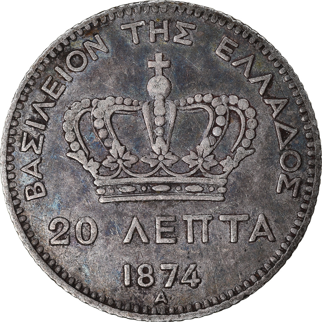 Coin, Greece, George I, 20 Lepta, 1874, Paris, , Silver, KM:44