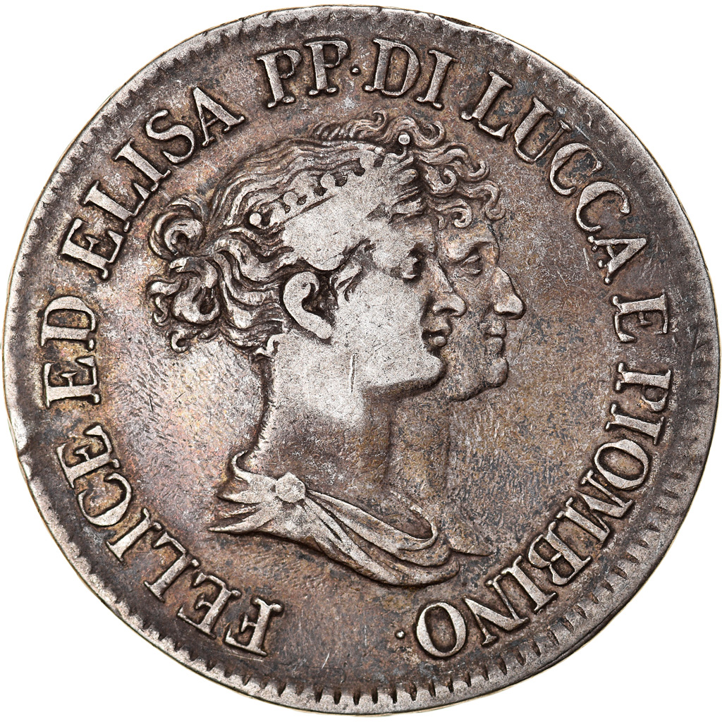 Coin, ITALIAN STATES, LUCCA, Felix and Elisa, 5 Franchi, 1808, Firenze