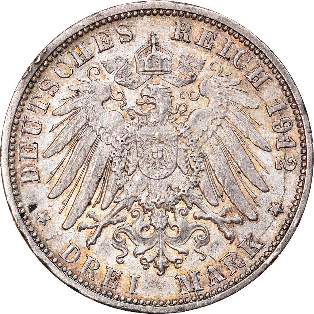 Coin, German States, WURTTEMBERG, Wilhelm II, 3 Mark, 1912, Freudenstadt