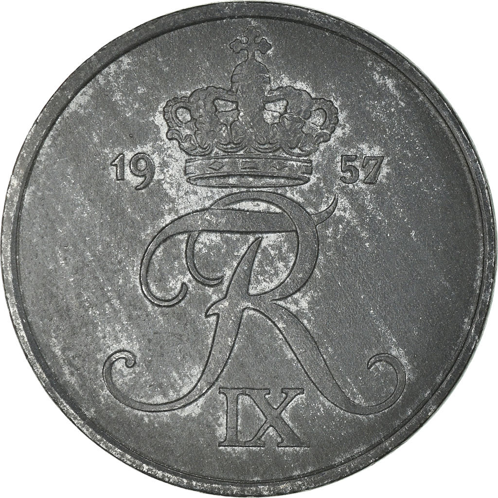 Moneda, Dinamarca, Frederik IX, 2 Öre, 1957, Copenhagen, MBC, Cinc, KM:840.2