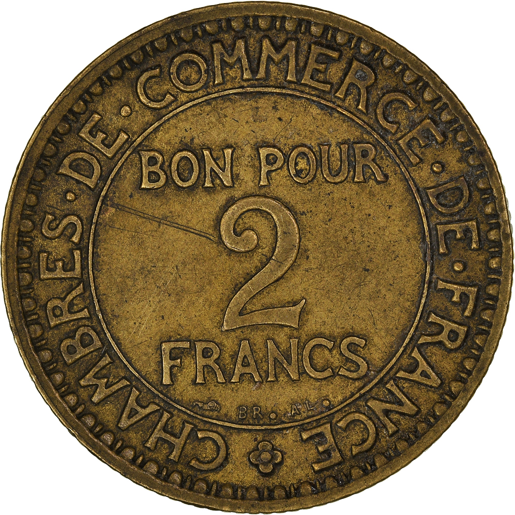 Moneda, Francia, Chambre de commerce, 2 Francs, 1921, Paris, MBC, Aluminio -