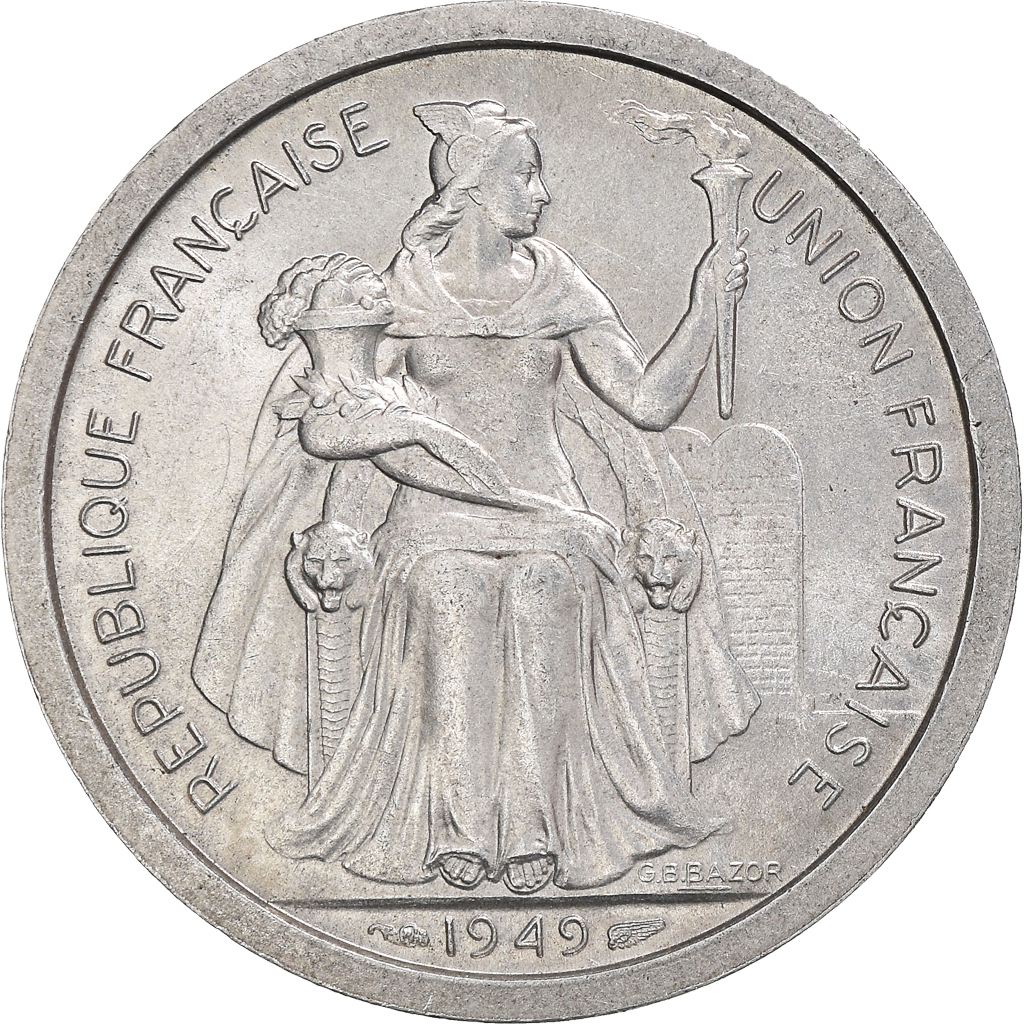 Moneda, Nueva Caledonia, 2 Francs, 1949, Paris, MBC+, Aluminio, KM:3