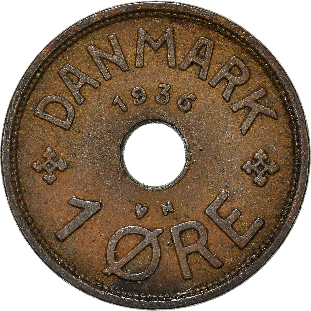 Moneda, Dinamarca, Christian X, Ore, 1936, Copenhagen, MBC, Bronce, KM:826.2