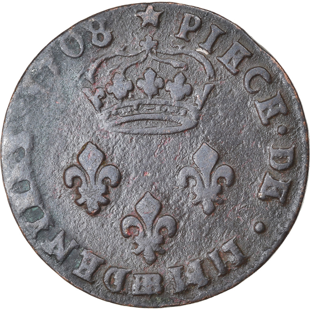 Coin, France, Louis XIV, Quatre deniers de Strasbourg, 4 Deniers, 1708