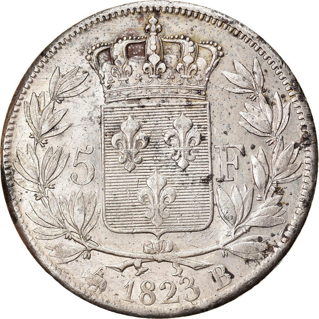 Coin, France, Louis XVIII, 5 Francs, 1823, Rouen, EF, Silver, KM:711.9
