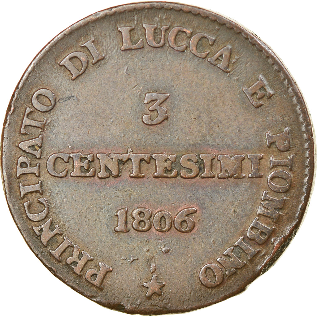 Coin, ITALIAN STATES, LUCCA, 3 Centesimi, 1806, Firenze, EF, Copper