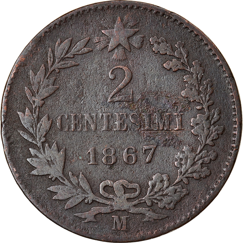 Moneta, Italia, Vittorio Emanuele II, 2 Centesimi, 1867, Milan, MB, Rame, KM:2.1