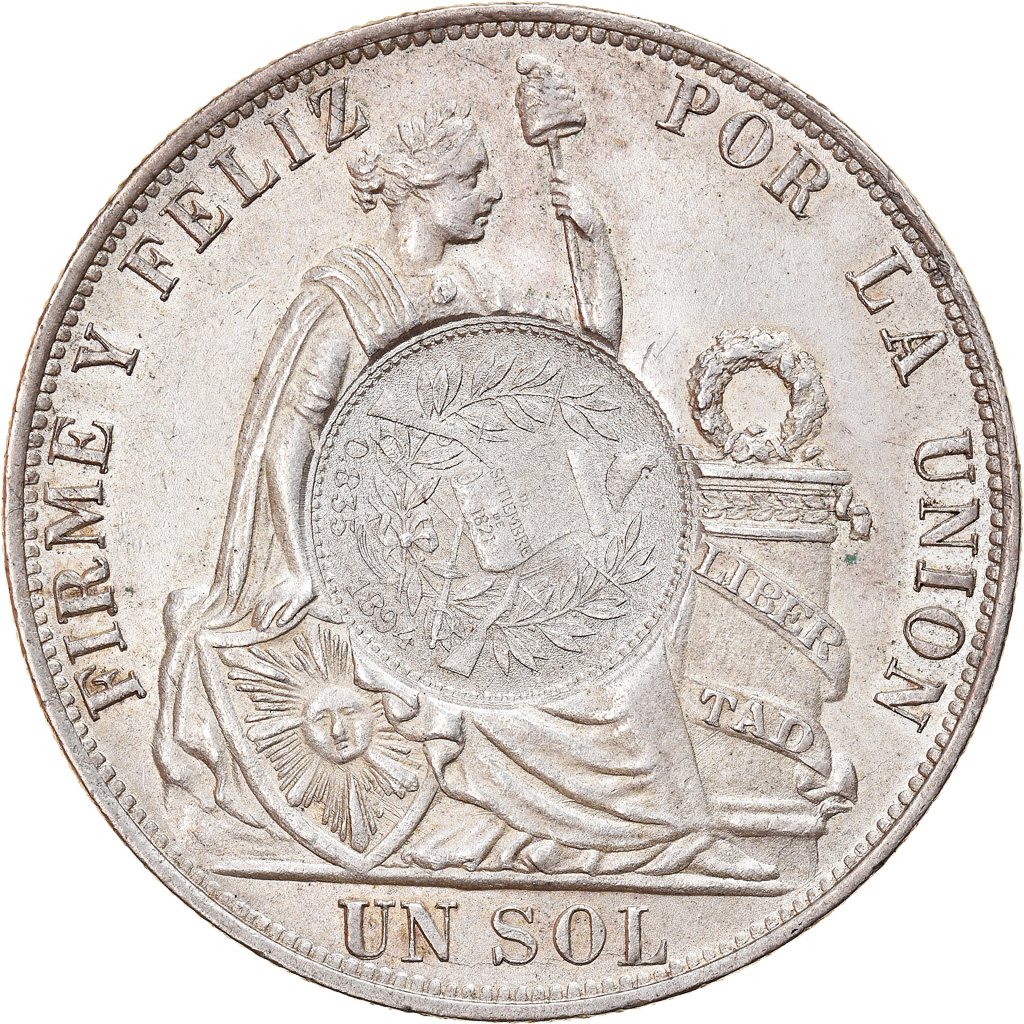 Coin, Peru, SOUTH PERU, Sol, 1891, Santiago, Guatemala Countermark, 