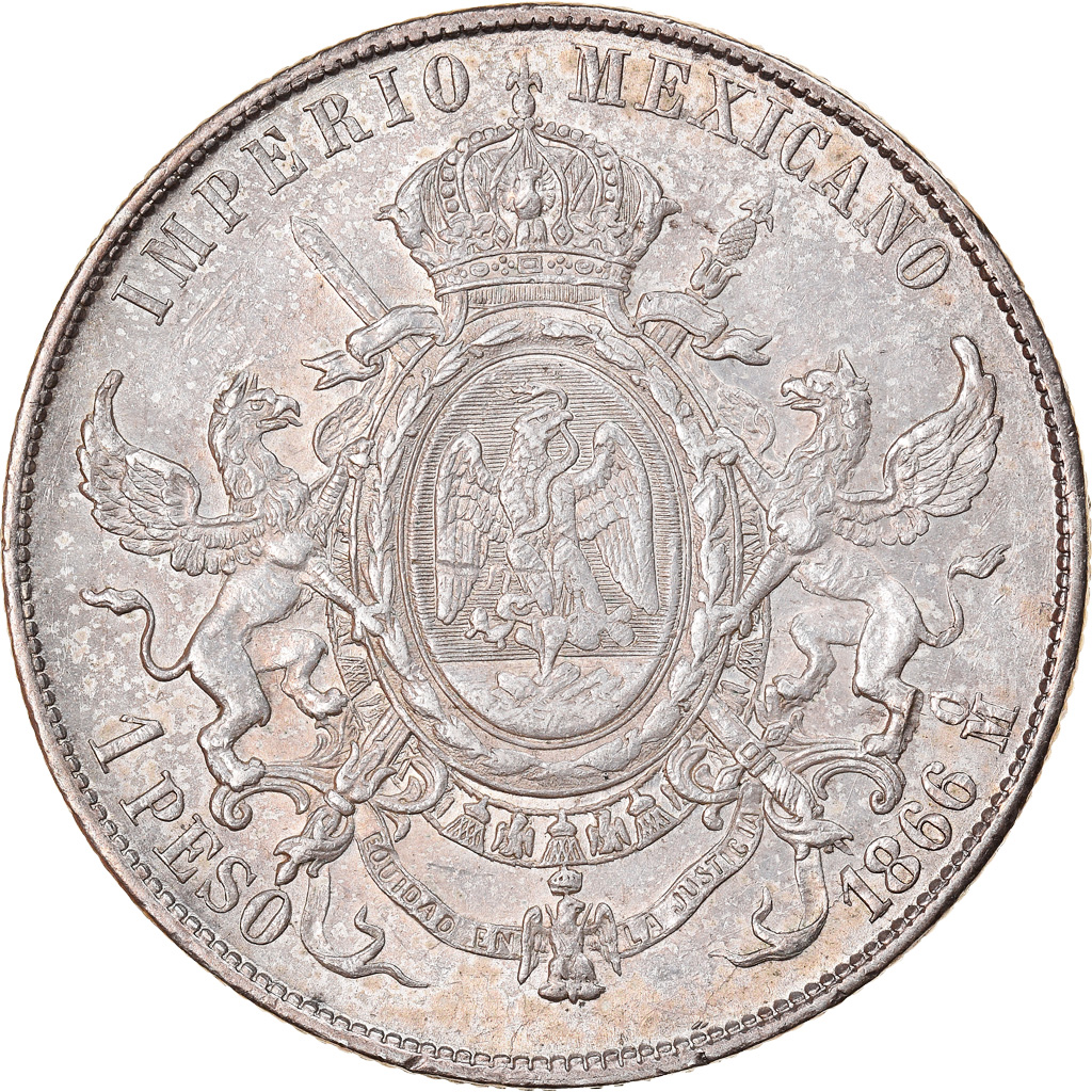 meico*.。♡ 0916 Coin, Mexico, Maximilian, Peso, 1866, Mexico City, , Silver