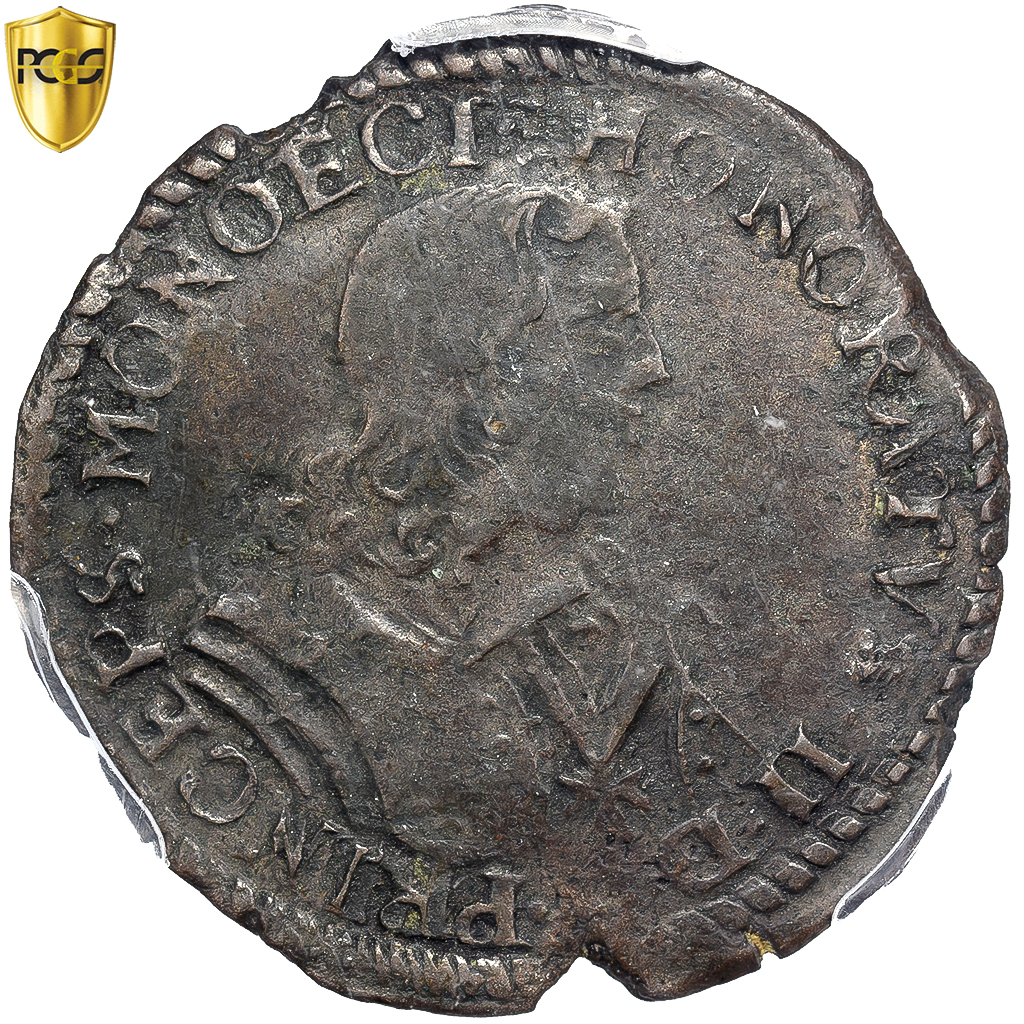 Monaco, Honore II, 3 Sols, Pezetta, 1648, Monaco, Billon, PCGS, Environmental