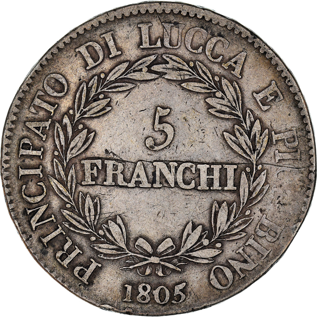 Coin, ITALIAN STATES, LUCCA, Felix and Elisa, 5 Franchi, 1805, Firenze