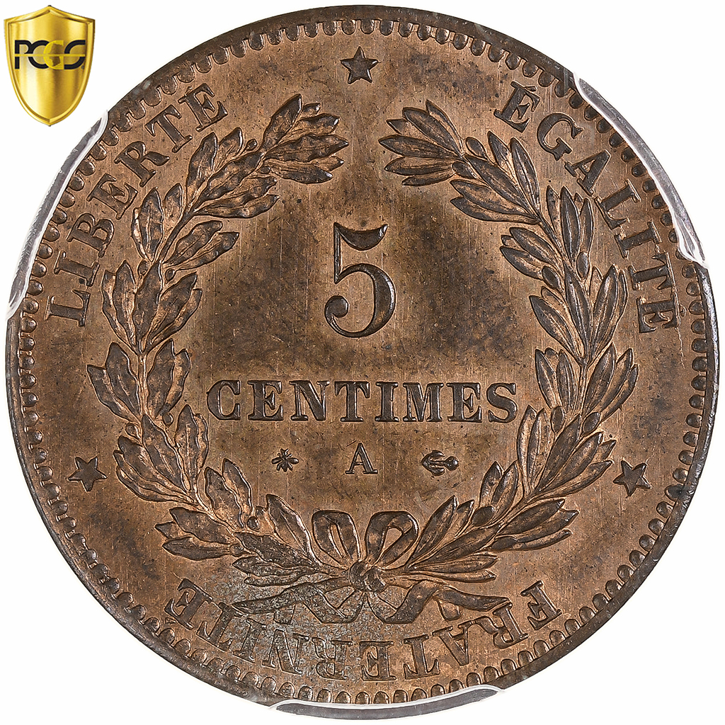 France, 5 Centimes, Cérès, 1877, Paris, Bronze, PCGS, , Gadoury:157a