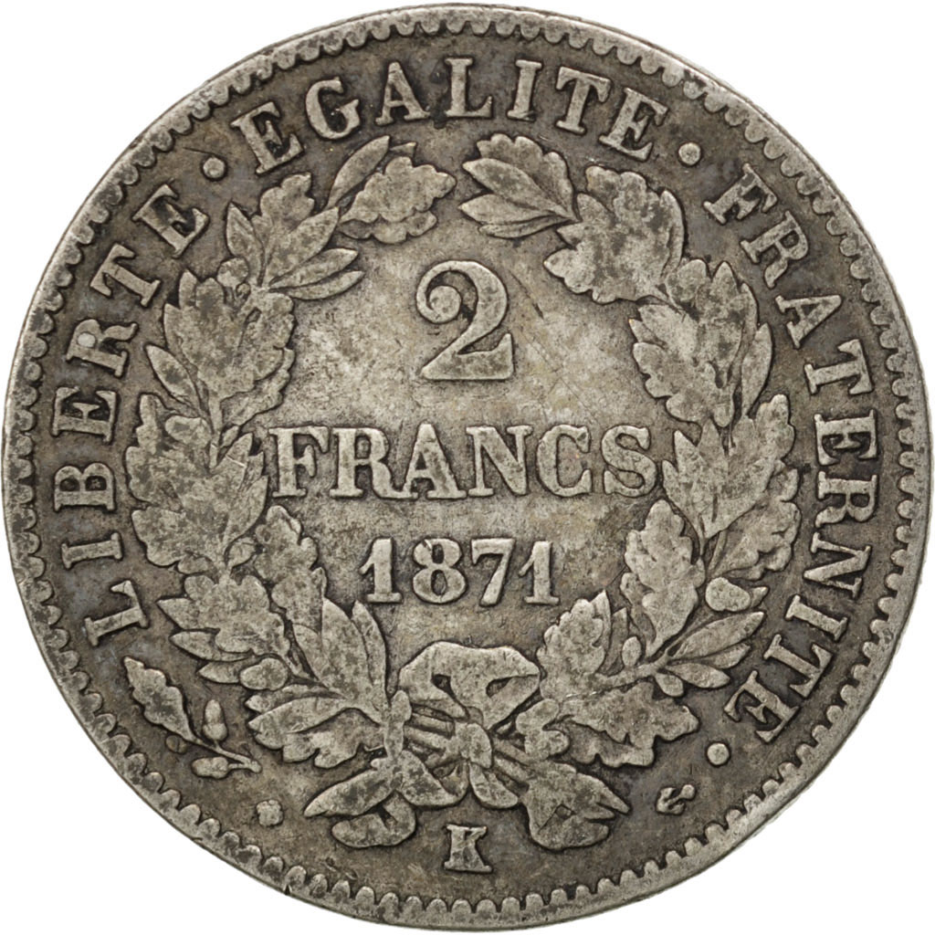 Munten, Frankrijk, Cérès, 2 Francs, 1871, Bordeaux, FR, Zilver, KM:817.2