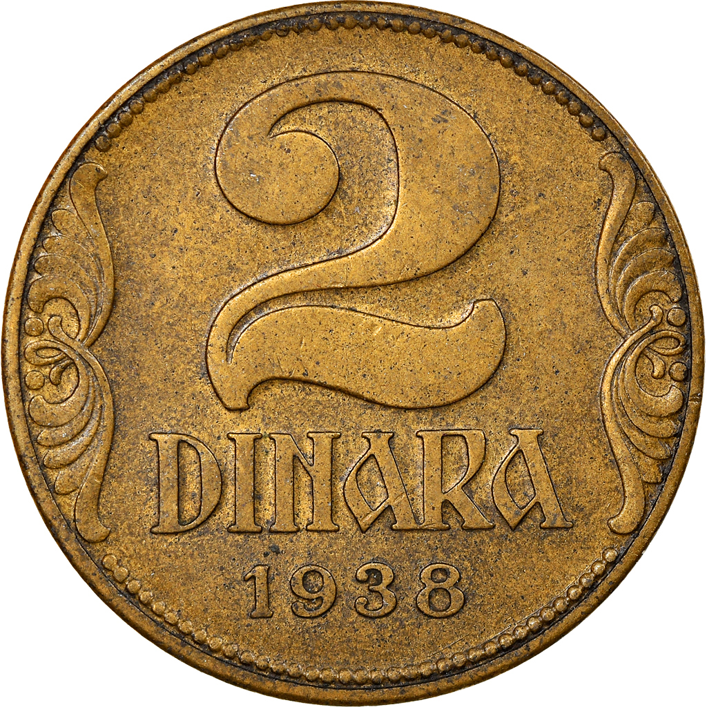 Moneda, Yugoslavia, Petar II, 2 Dinara, 1938, Budapest, MBC, Aluminio - bronce