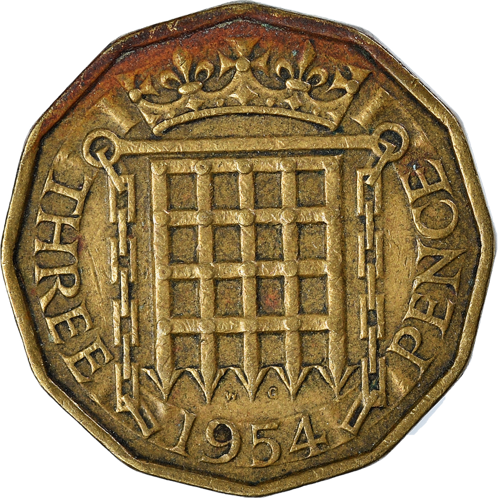 Moneda, Gran Bretaña, 3 Pence, 1954