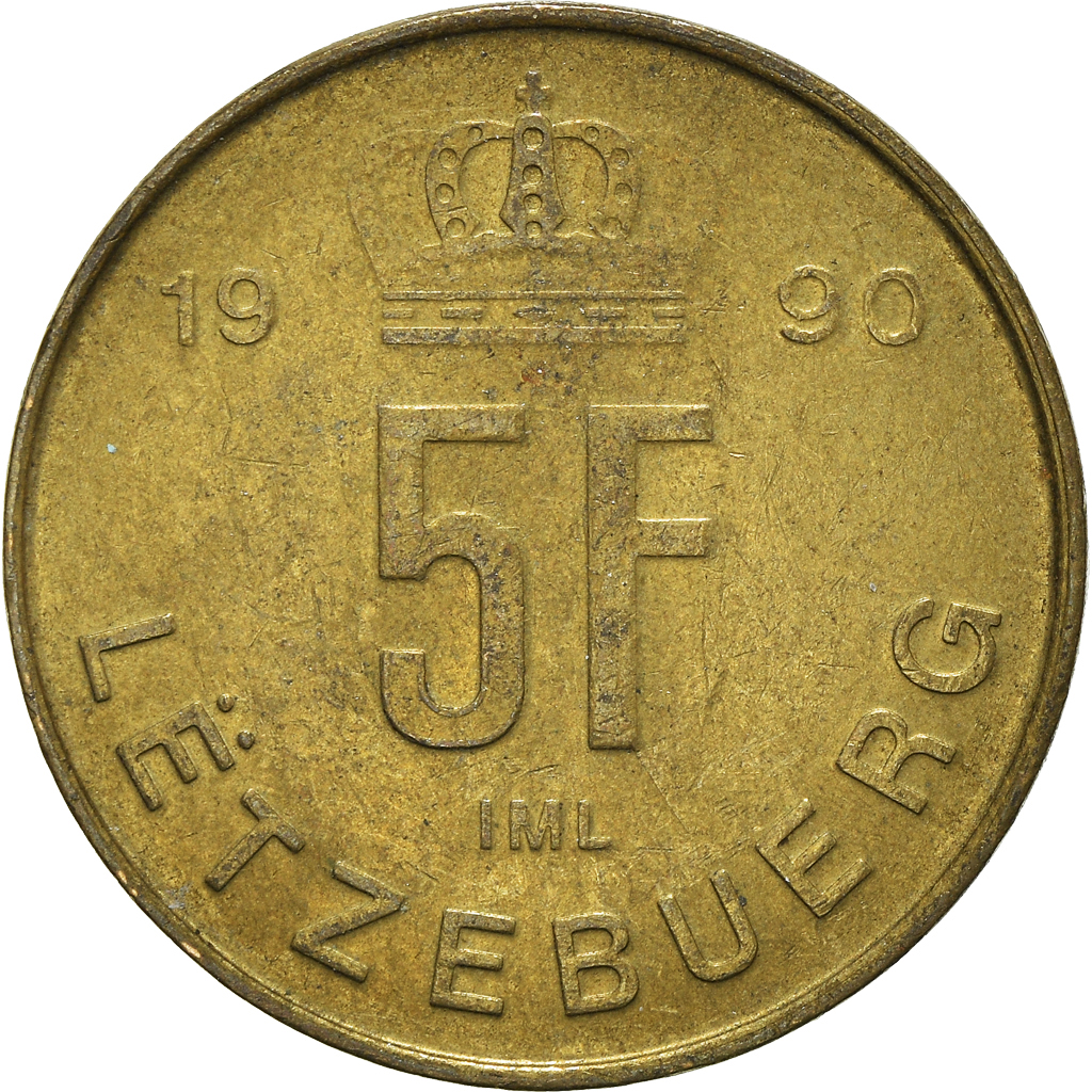 Moneda, Luxemburgo, 5 Francs, 1990