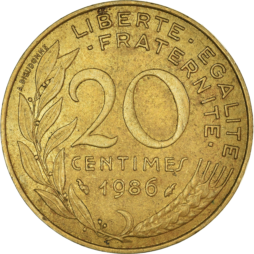 Moneda, Francia, 20 Centimes, 1986