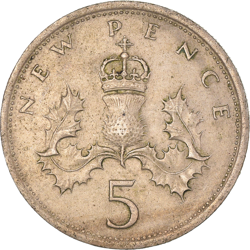 Moneda, Gran Bretaña, 5 New Pence, 1975