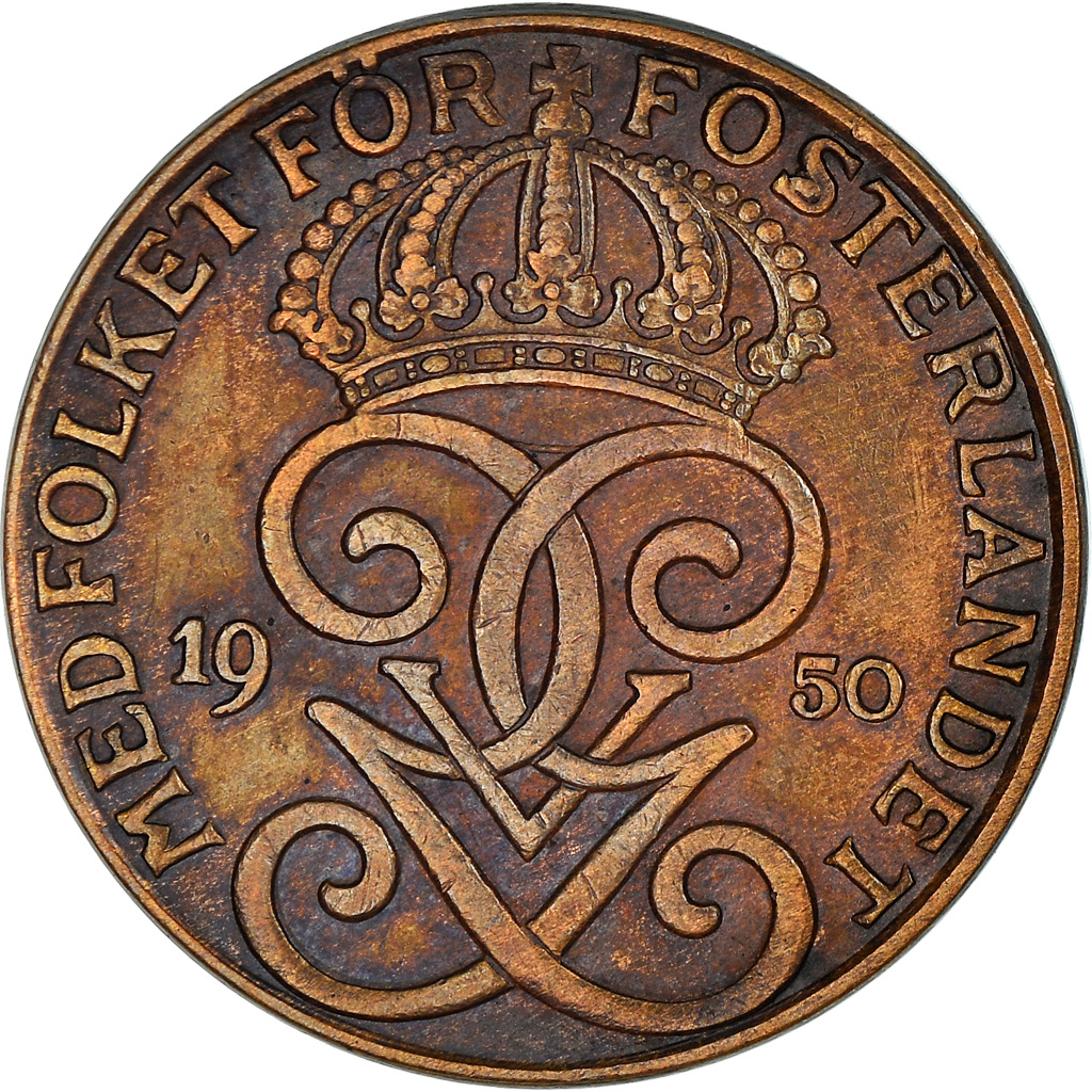 Moneda, Suecia, Gustaf V, 2 Öre, 1950, EBC, Bronce, KM:778
