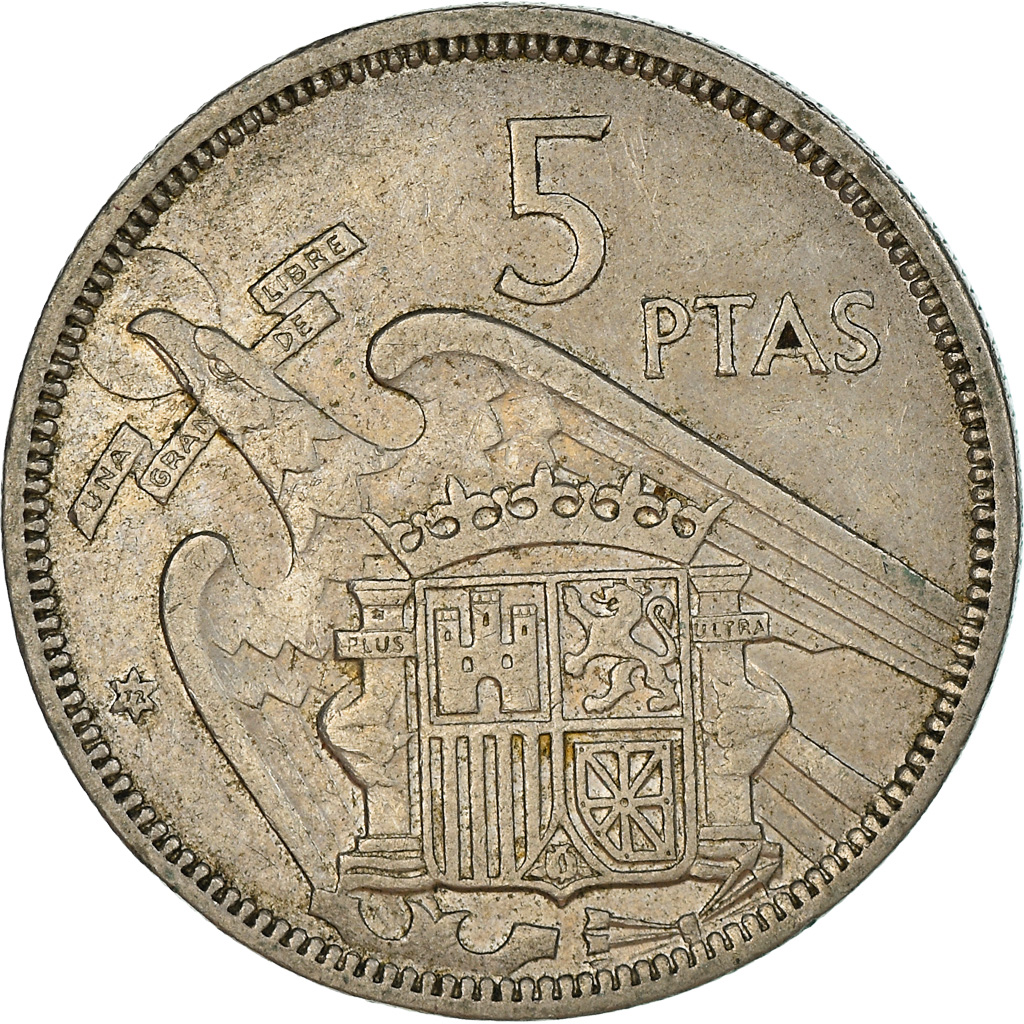 Moneda, España, Caudillo and regent, 5 Pesetas, 1972, BC+, Cobre - níquel